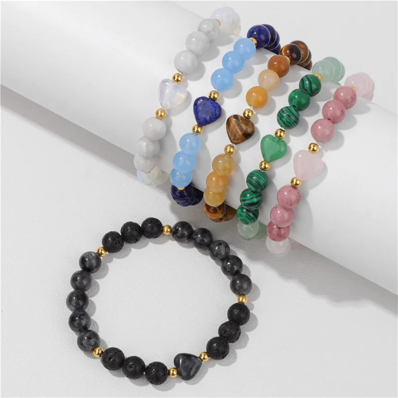 Wholesale Lover Valentine Natural Stone Tiger Eye Bracelet Adjustable Gemstone Elastic Stretch Heart Beads Bracelet