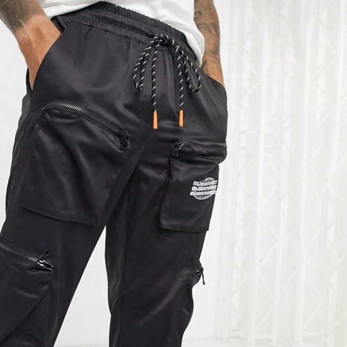 
Fashion Custom Drawstring Waist Zip Pocket Nylon Casual Jogger Trousers Cargo Pants Men 