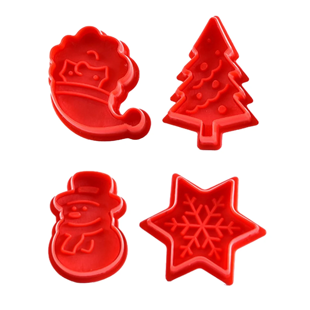 Yiwu Bobao 4pcs cartoon Christmas snowman tree snowflake Santa Claus shape DIY cookie biscuit spring plunger stamp cutter molds