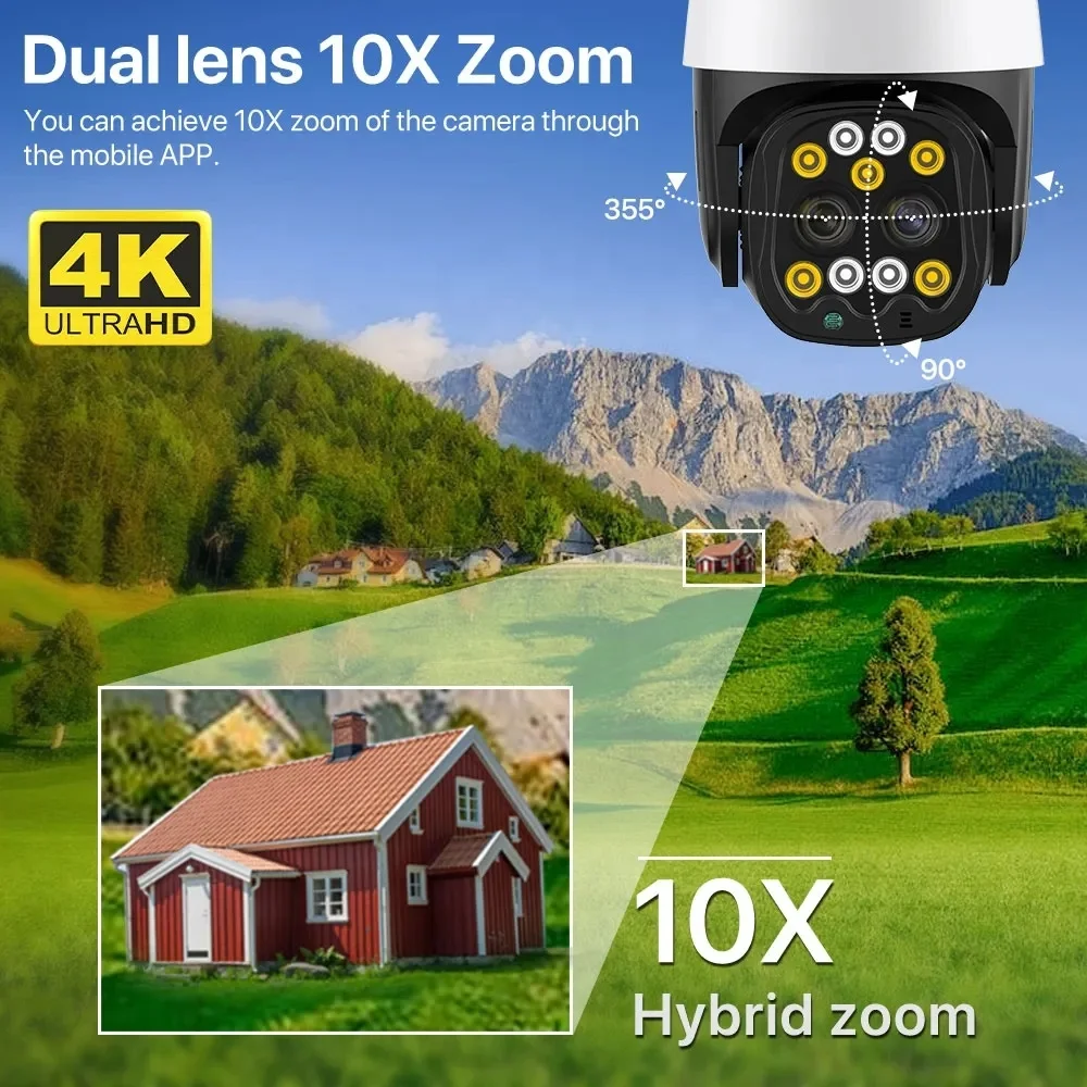 2.8mm-8mm Wide Angle 10X PTZ IP Camera Wifi/4G Sim Card 8MP Audio CCTV Surveillance Smart Home Camera Colorful Night Waterproof