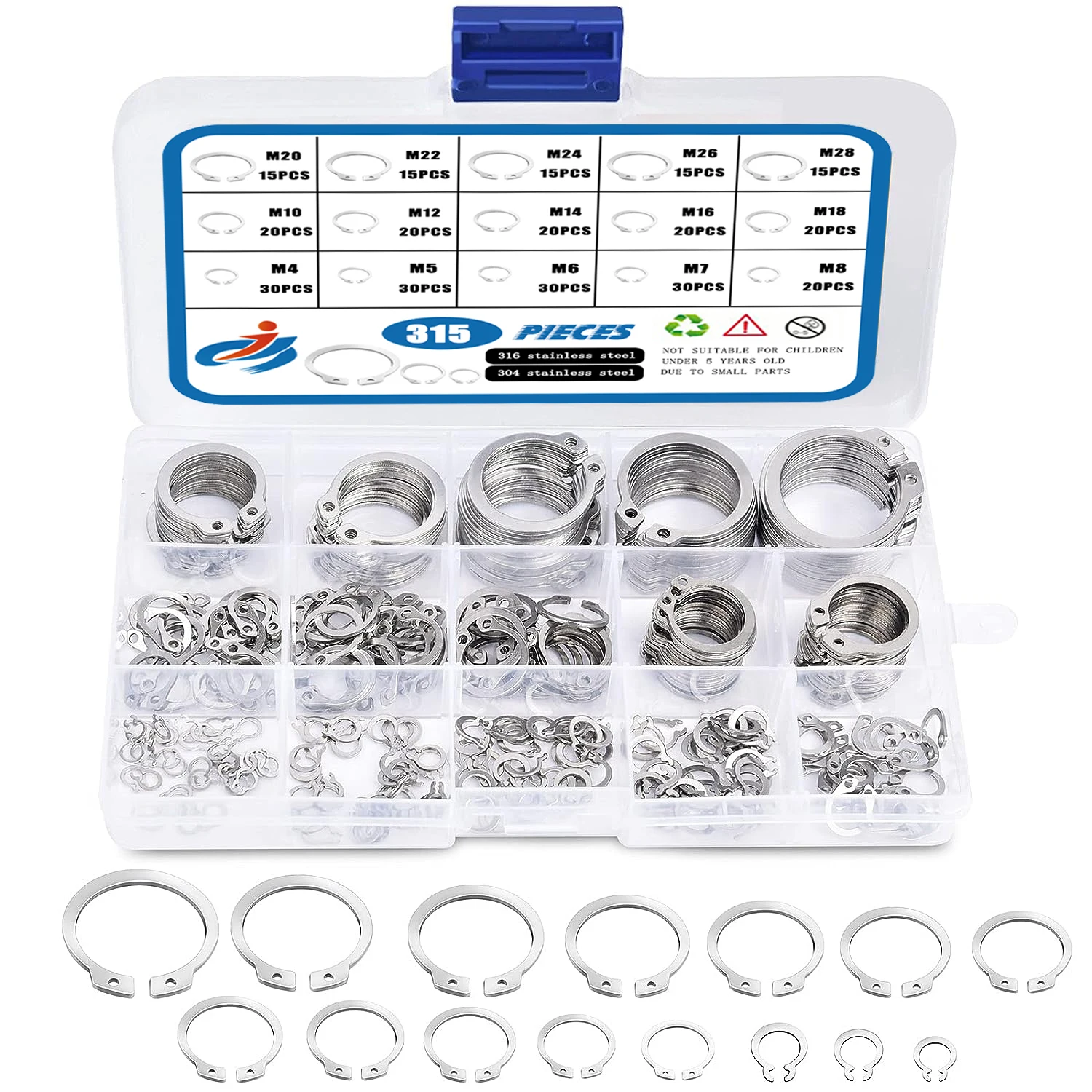 315pcs M4-M28 C Type External Retaining for Shaft Stainless Steel Snap Rings DIN471 GB894 circlip set