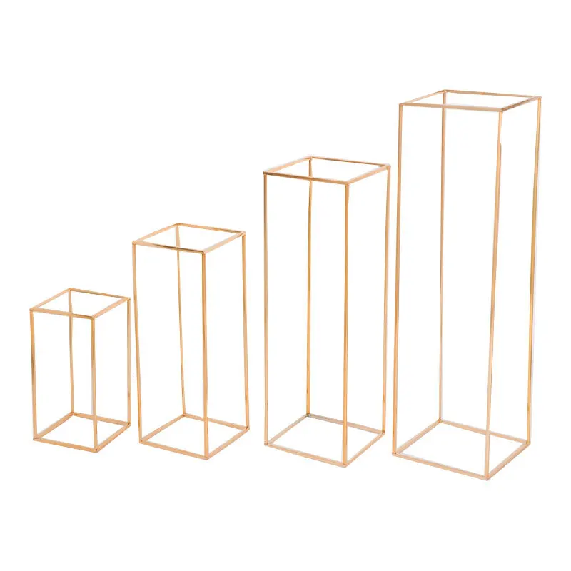 
2020 new gold wrought iron geometric road lead frame wedding props , tall flower stand for decoration wedding window T stand 