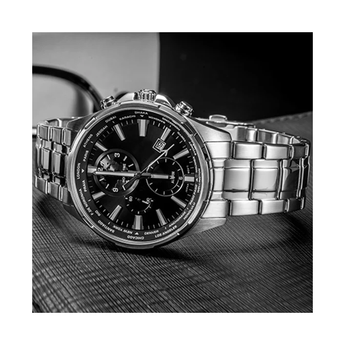 Whole stainless steel calendar alarm double time zone Casio movement man quartz wristwatch