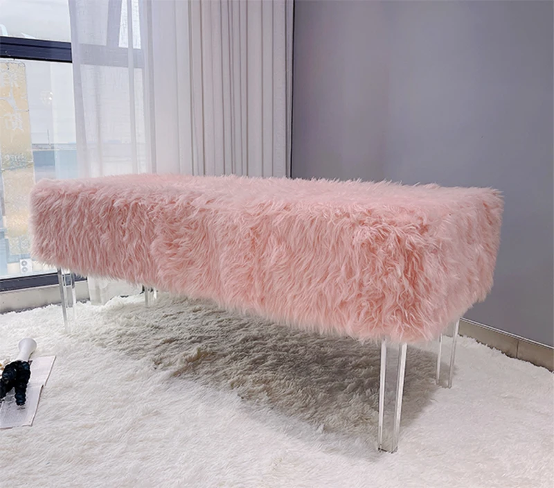 HStex 2022 luxury large fur bedroom decorative bench ottoman hotel modern stool tuffled ottoman bench