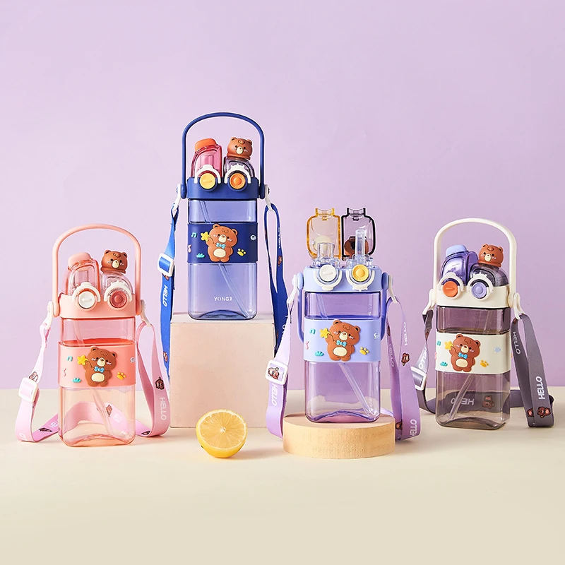 J94 580ml cute doll cartoon kids plastic water bottle with straw strap handle school double drink bear sports bottle for student
