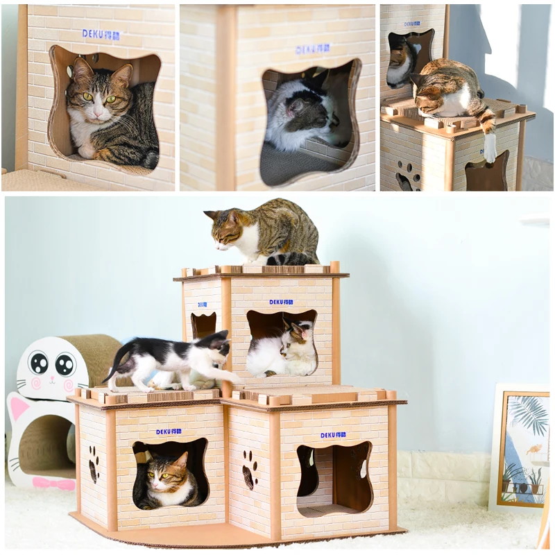 DEKU luxury  house Shape cat tower  flat package corrugated cardboard cat scratcher with free catnip manufacturer offer OME