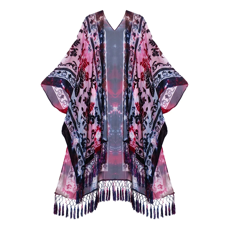Fashion Tie Dye burnout velvet kimono women velvet cardigan with tassel