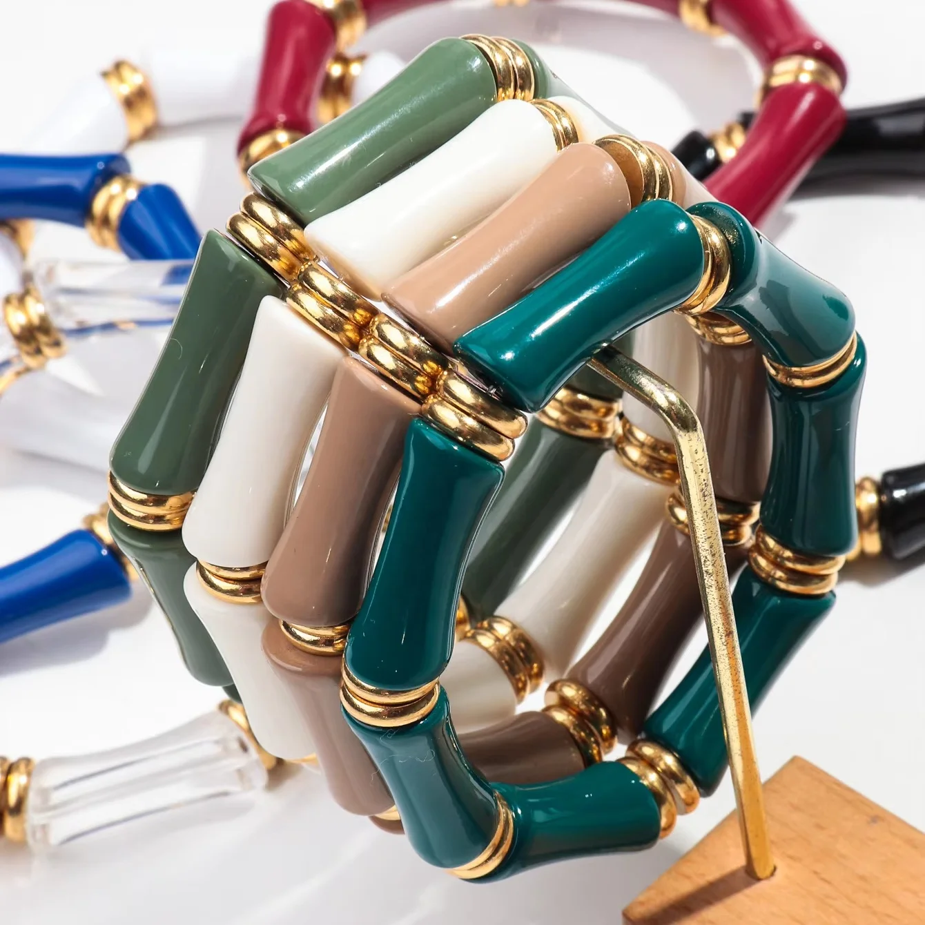 Popular New DIY Resin Bangles Bracelet Jewelry High Quality Brass Spacer Chunky Colored Bamboo Beads Acrylic Bracelet for Women