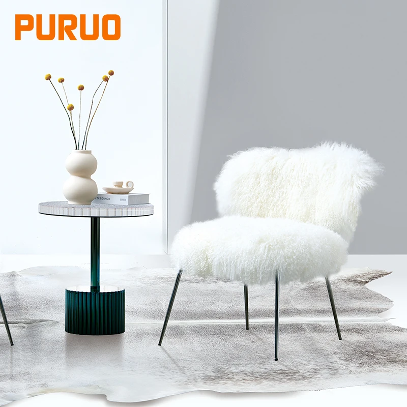 PURUO modern  black titanium stainless steel white sheep wool lounge leisure chair