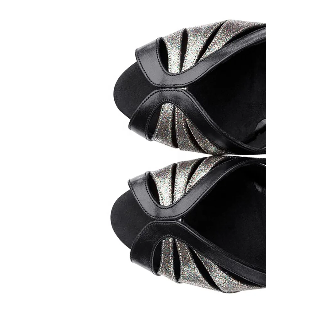 Latin Dance Women 6cm Heel Black Leather With Glitter Salsa Ballroom Shoes for Dancing New Arrival Size US