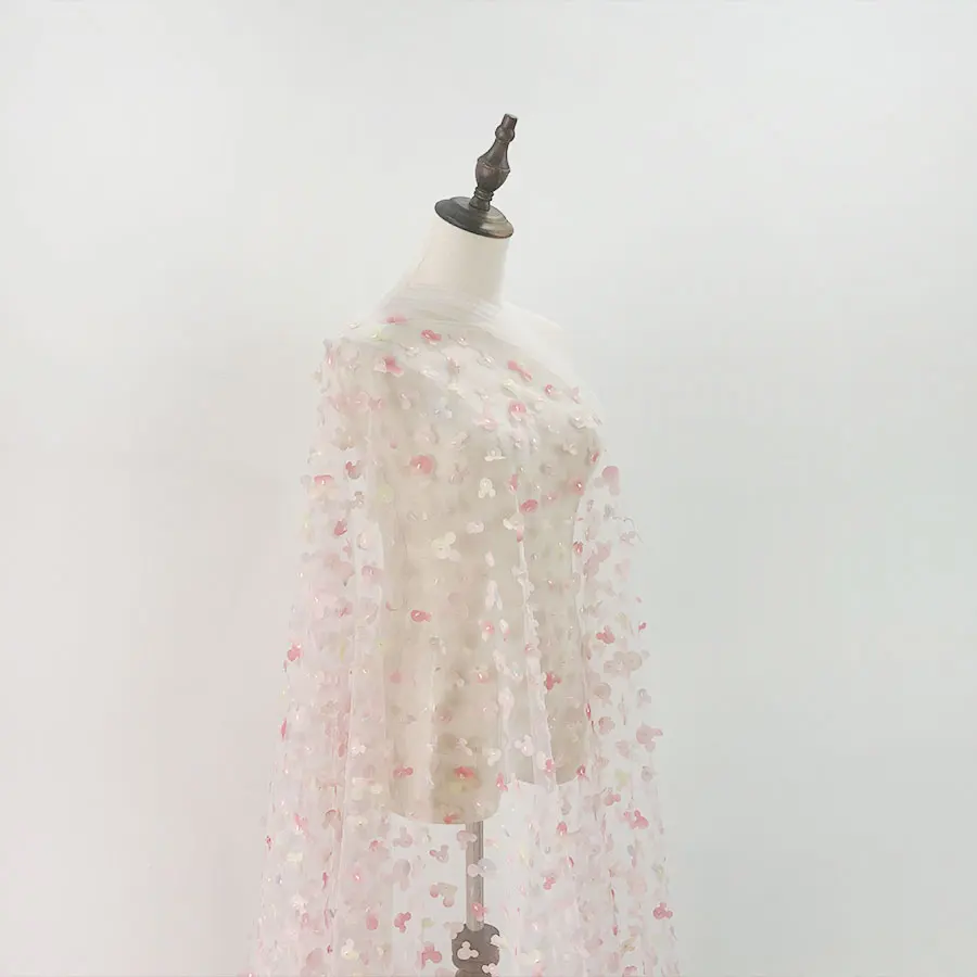 Textile embroidery 3D rainbow multicolor laser cutting printed mickey mouse appliques tulle mesh fabric