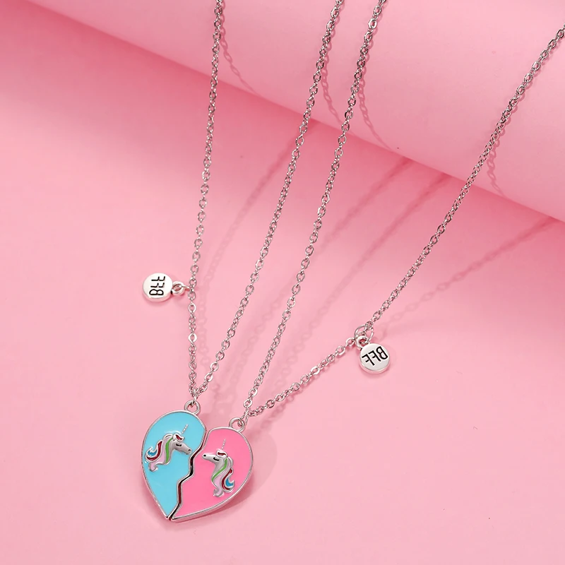 New 2 Pieces Best Friends Matching Necklace Cute Birthday Gifts Pink Blue Half Heart Necklace BFF Friendship Necklace for 2