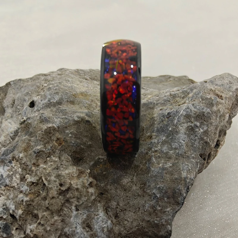wholesale dropping Hot Selling 6mm 8 mm Red Opal wedding Black steel hammered Dome Black carbide tungsten ring