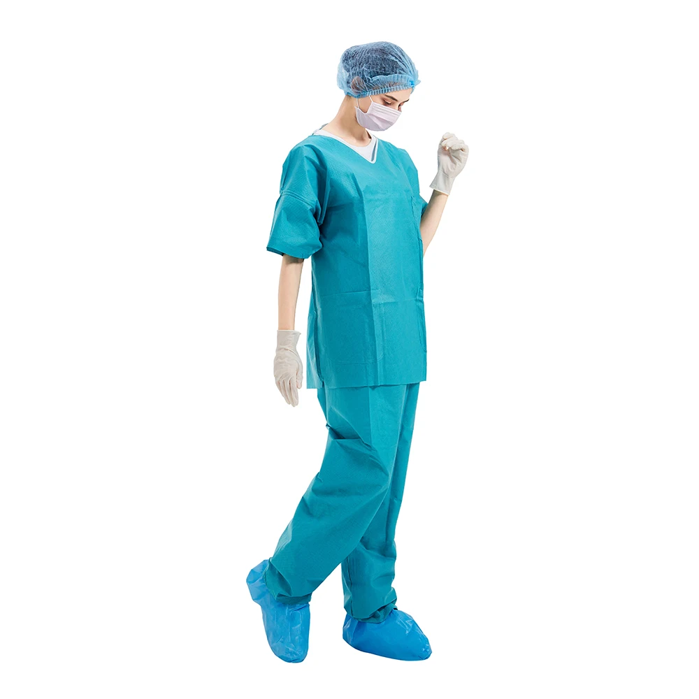 SMS scrub suits uniforms doctors scrub suits hospital using disposable V-neck nonwoven scrubs sets with short open sleeve