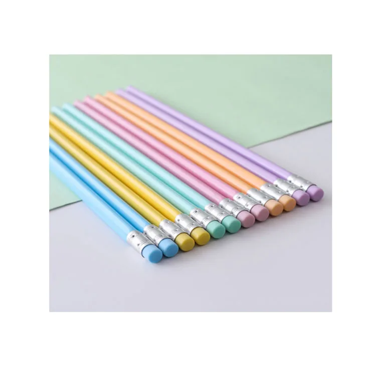 Pink HB pencil  with eraser with red yellow blue pink 12 colors HB black lead with Custom Logo burly wood pencil