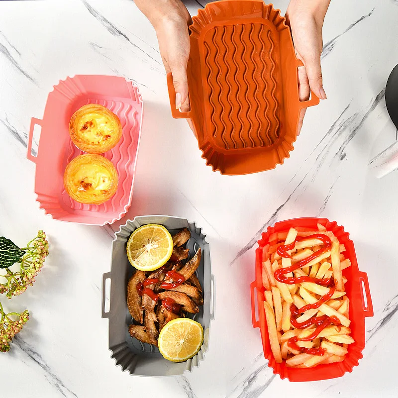Reusable air fryer food safe air fryer silicone rectangle pot basket liner silicone baking pan with air circulation for airfryer