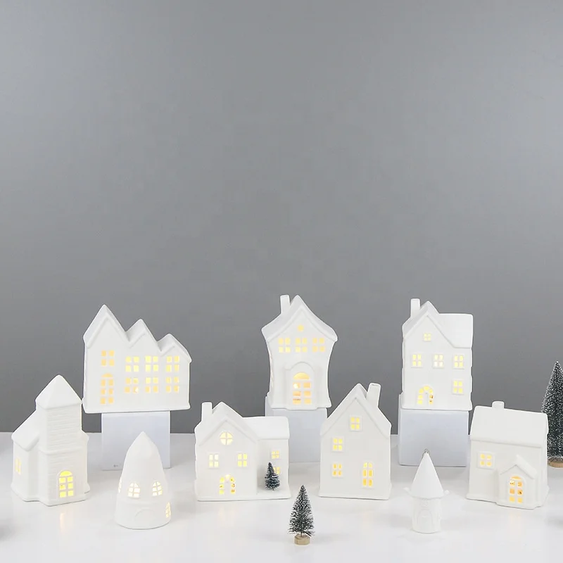 Scandinavian Style Christmas LED Lights Decoration, Hollow Little House Crafts, Ceramic Ornament