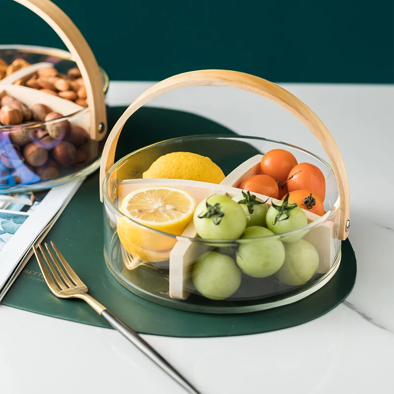 18.5cm Diameter Glass Fruit/Nut Plate with Bamboo Handle, Glass Basket by Clear Borosilicate