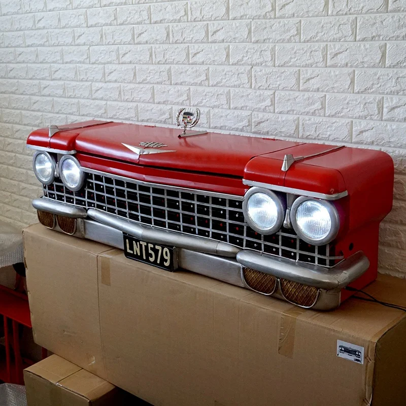 1.4M Vintage Iron Wall decoration Red Car Front 3D Metal Storage Box Decoration With Lights Locker Home Bar Cafe Shop Decoration