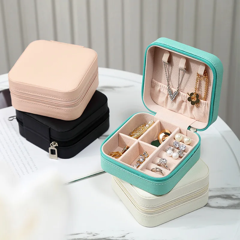 Portable leather jewel box Necklace Ring Earring Storage Organizer Mini Jewelry Case