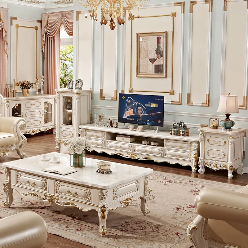 classic white and gold american rural solid wood tv cabinet, Wood Storage Cabinet Nordic tv cabinet and coffee table set