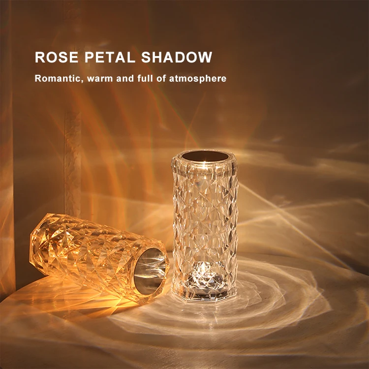 New 3D Rose Diamond Table Lamp Romantic 16 Color USB Rechargeable Touch RGB Crystal Desk Lamp For Bar Dinner Bedroom