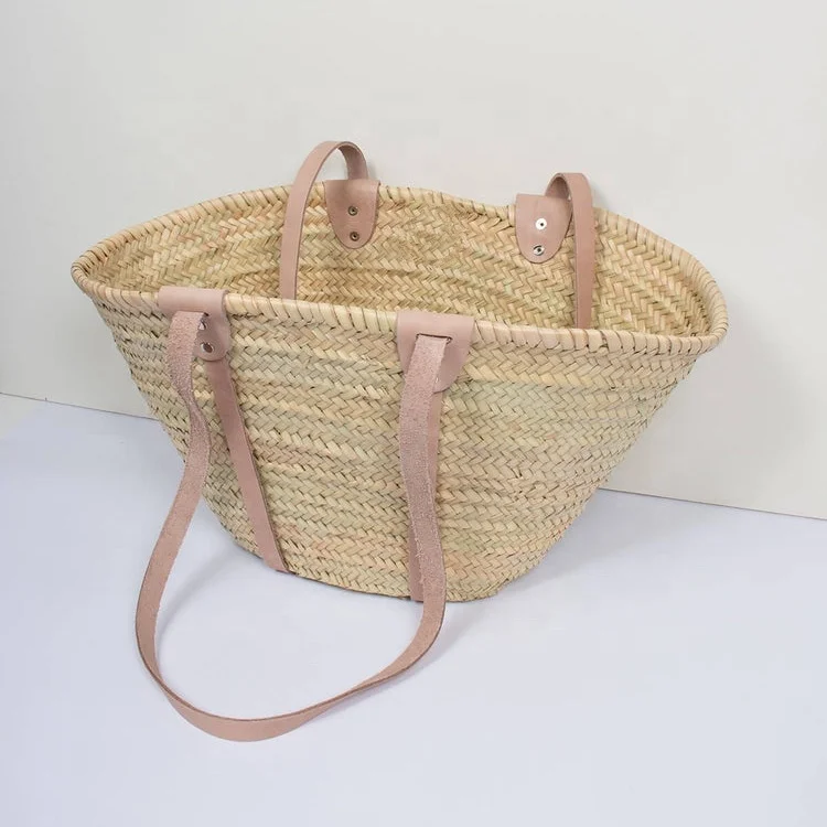 Professional manufacturer supply Handwoven Straw Tote bag French Shopping Basket With Leather Handles