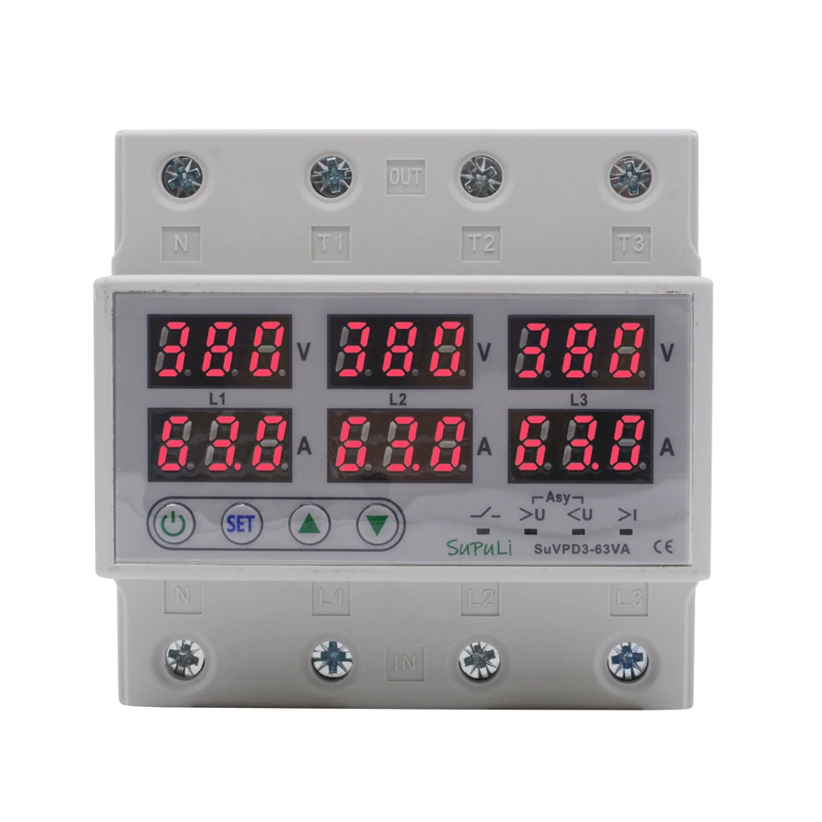 63a 380v 3phase 3p+N Din Rail Adjustable Over Under Voltage Current Protection Monitor Digital Protector For Home