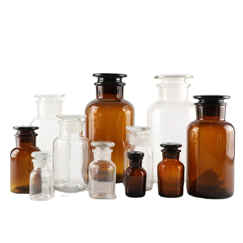 60ml 100ml Round Amber Wide Mouth Apothecary Jars Reagent Glass Bottle with Cork Lid