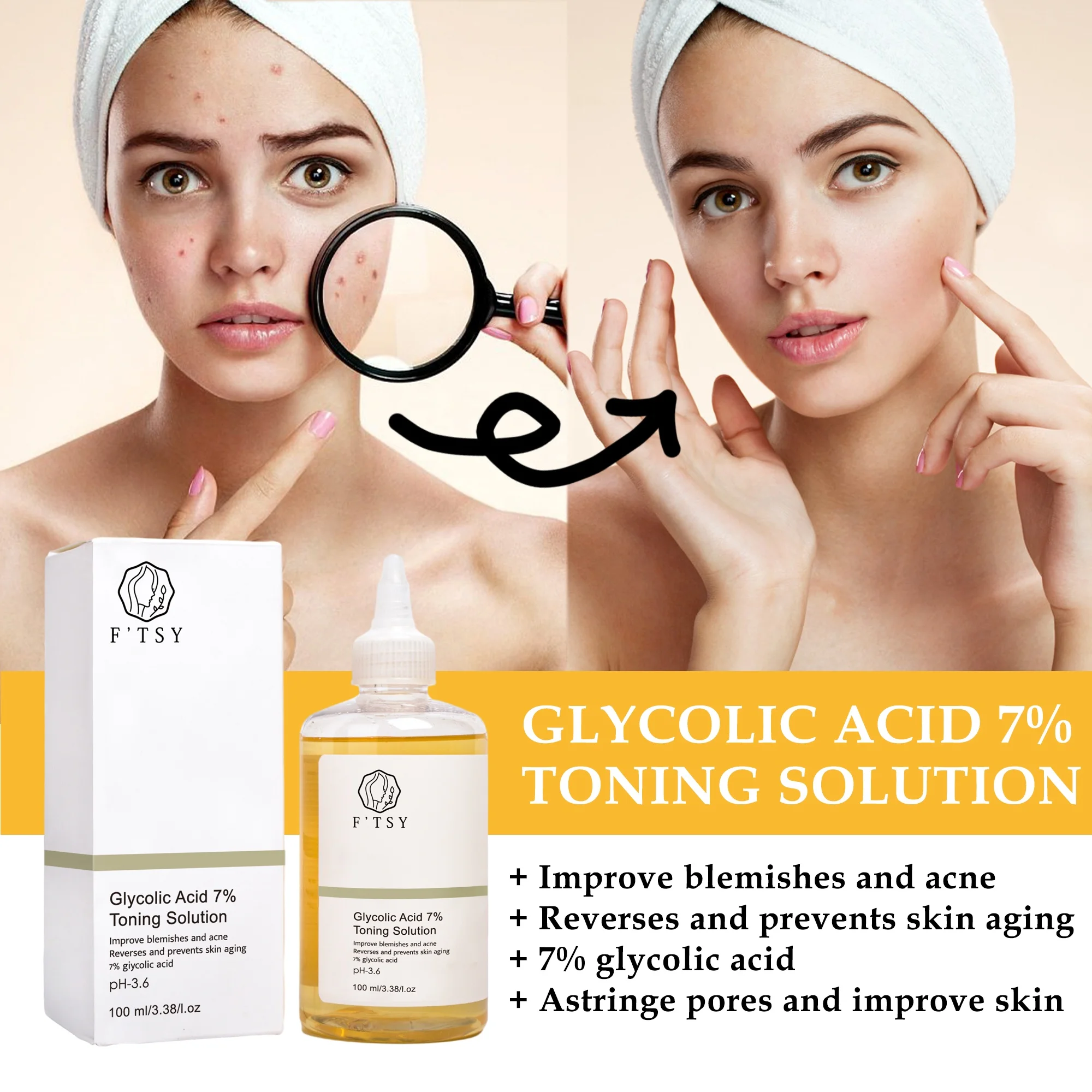 7% Glycolic Acid Toner Fruit Acid Exfoliating Face Water AHA BHA Whitening Treatment Skin Solution