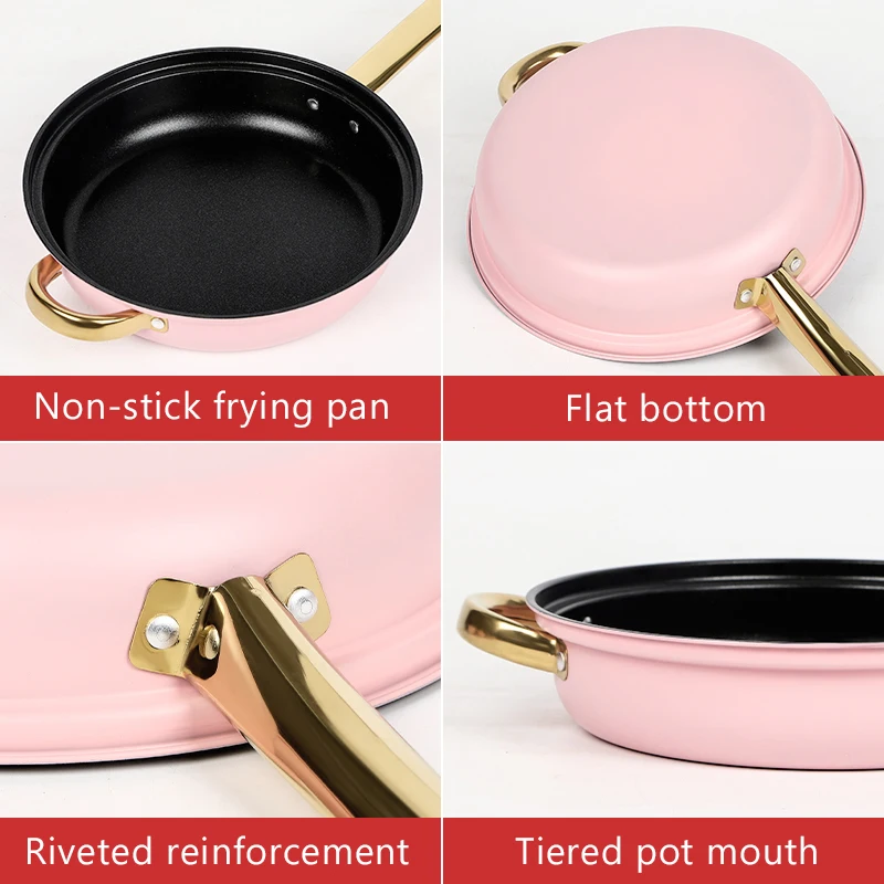 12 Pcs Pink Casseroles Soup Stock Pots Cast Iron Frying Pan Stainless Steel Cooking Pots And Pans Non Stick Cookware Sets