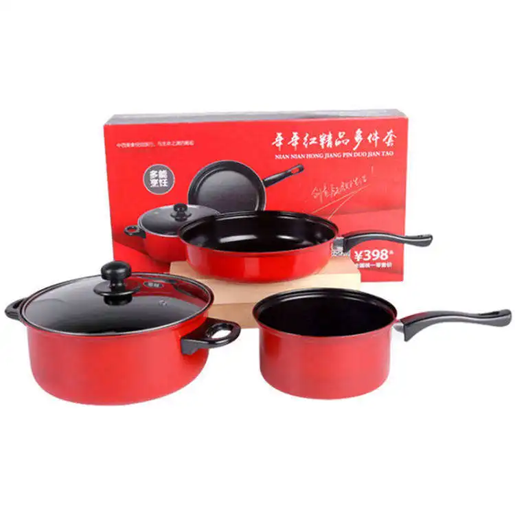 Hot Selling Lucky Red Chinese Style Nonstick Induction Cooker Pots And Pans 3 Pieces Fry Pan Gift Set