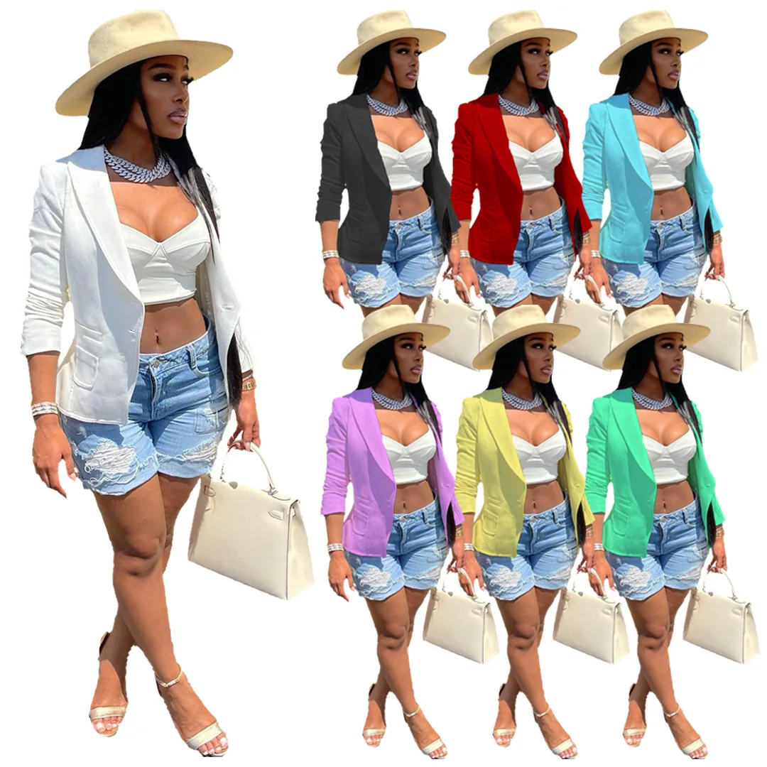  Elegant Solid Color Pockets Button Blazer Office for Women Ladies Blazers and
