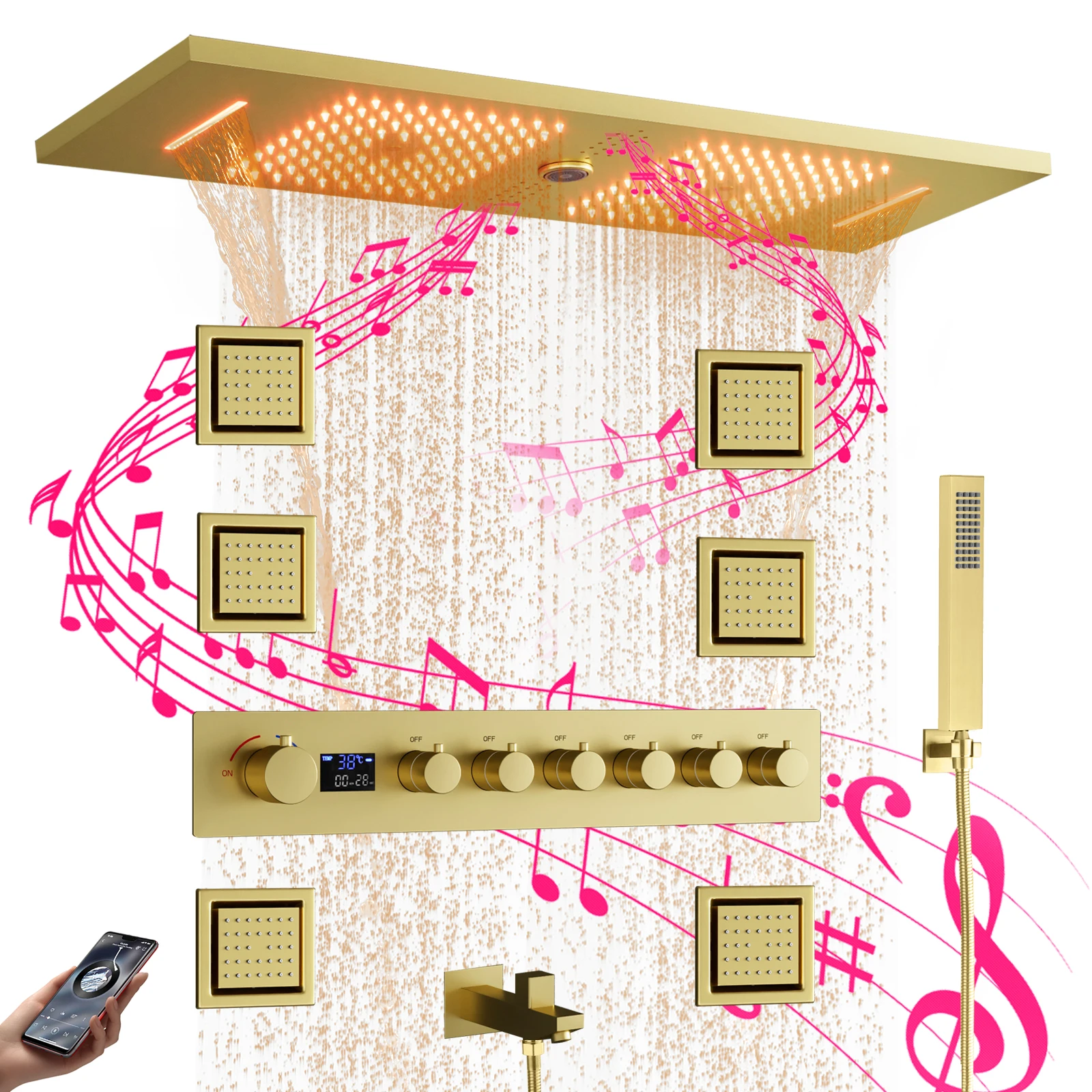 Luxury 900*300mm LED Music Shower Head Smart Modern Bathroom LED Shower System Set Cold and Hot Digital Display Shower Faucet