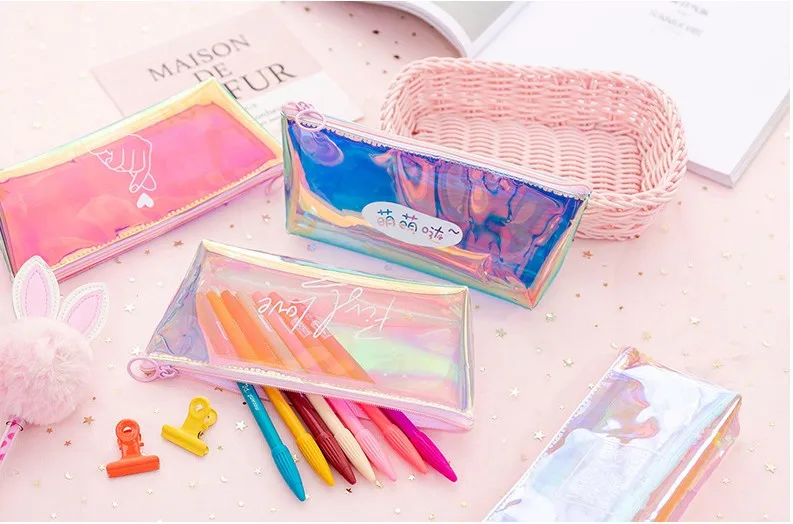 Прозрачная сумка на молнии с сердечками и блестками, школьный пенал из ПВХ на молнии, чехол для карандашей