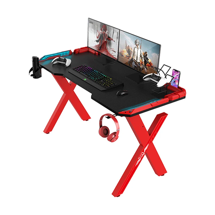 Wholesale Red RGB Led Lights Gamer E-sports Desk Wholesale Custom X-Shaped PC Computer Gaming Desk Corner Modern Gaming Table