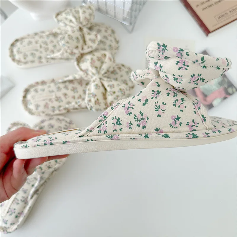 LM390X Floral bow home slippers Printed home cotton slippers Waterproof thick soled indoor shoe slippers