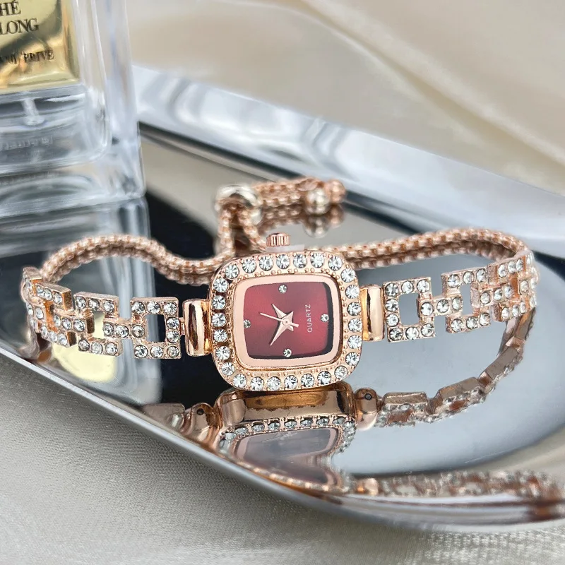 New square bracelet pull-out watch free adjustment chain diamond set small ladies quartz watch exquisite watch charm jewelry