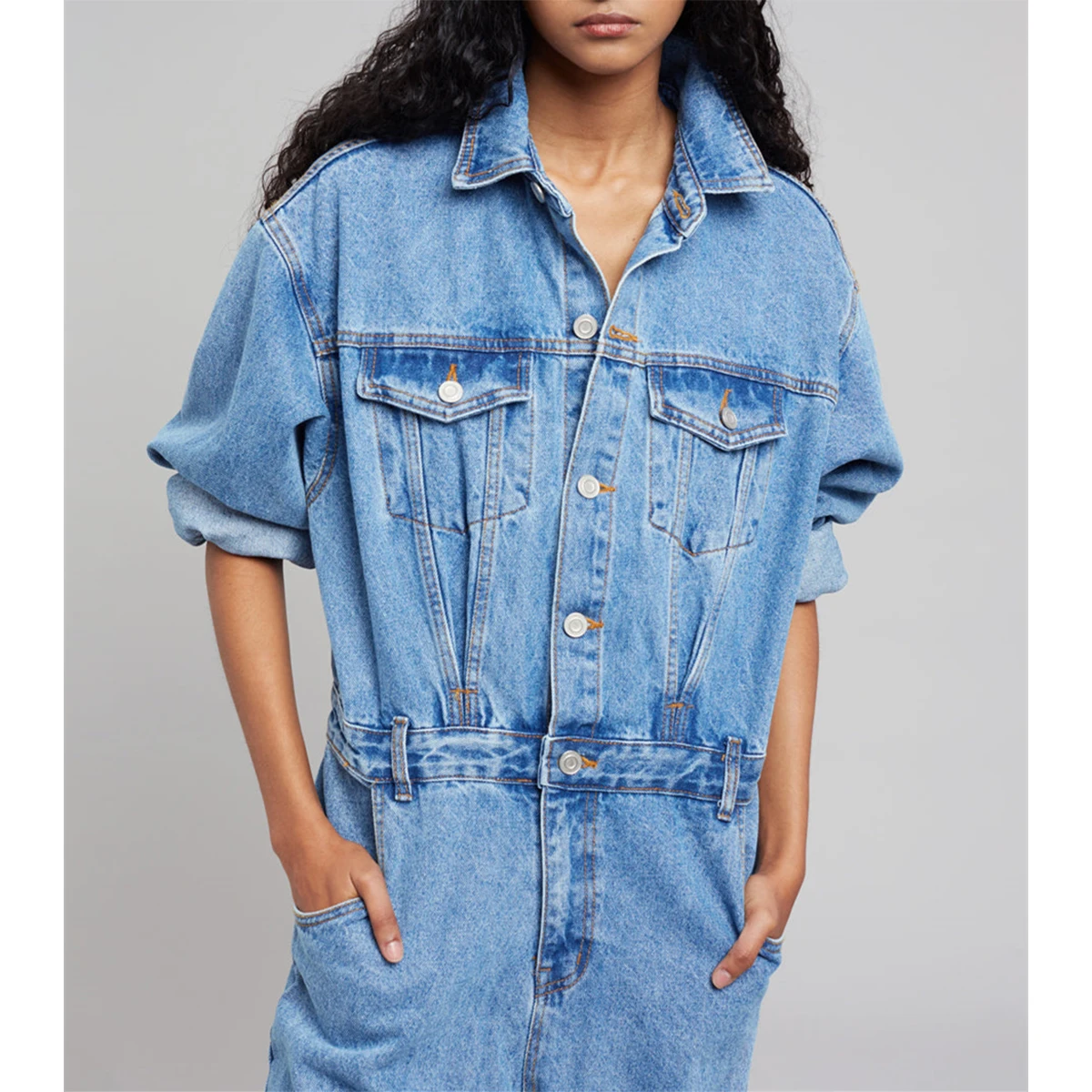 Custom One Piece Jeans Long Sleeve Stone Wash Girdling Denim Jumpsuit For Women