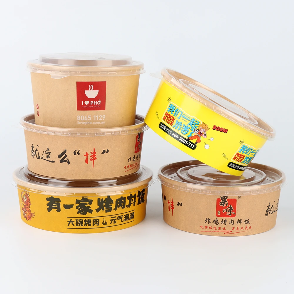 Wholesale Disposable Custom Logo Greaseproof Kraft Paper Take Away Food Packaging Fruit Salad Bowl With Lids