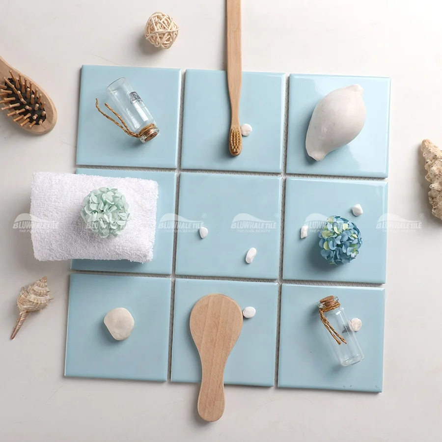 Foshan Factory Price Waterproof Classic 97x97mm 4x4 Inch Square Blue Glazed Porcelain Mosaic Bathroom Wall Swimming Pool Tiles