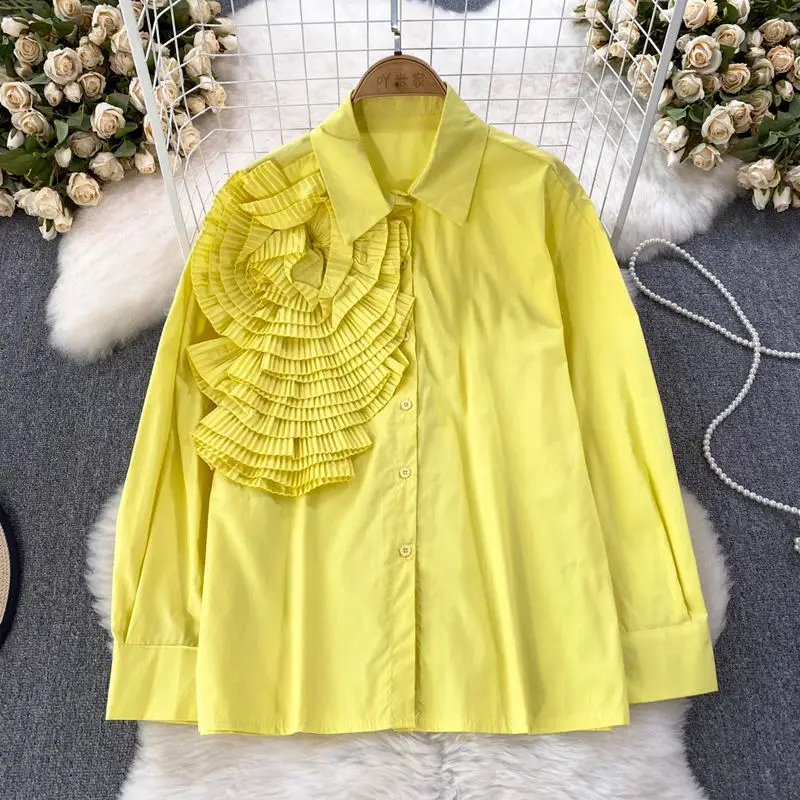 Custom Autumn Fashionable Long Sleeve Sweet Blouse Flower Decoration Loose Shirt For Women Casual Korean Style Top Outwear