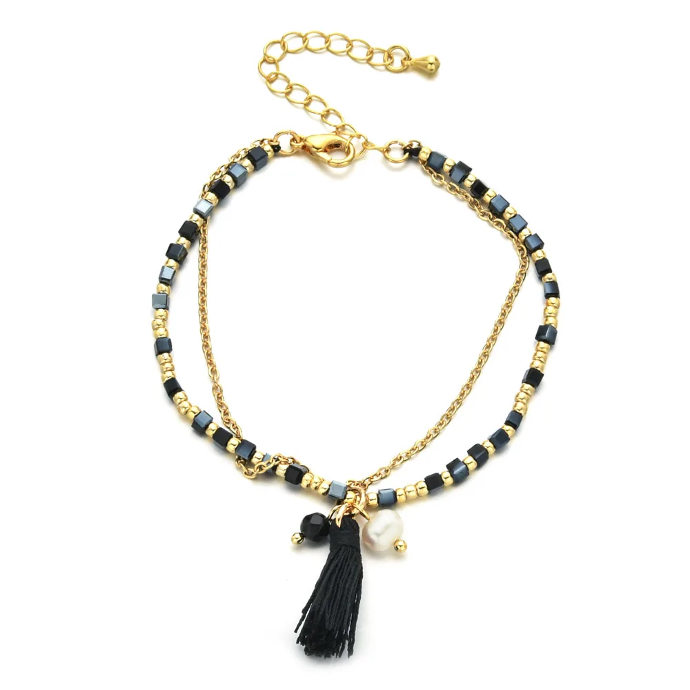 ZMZY 2MM Double Layer Glass Crystal Bracelet for Women Boho Gold Color Thick Chain Charm Bracelet Fashion Jewelry Pearl Charm