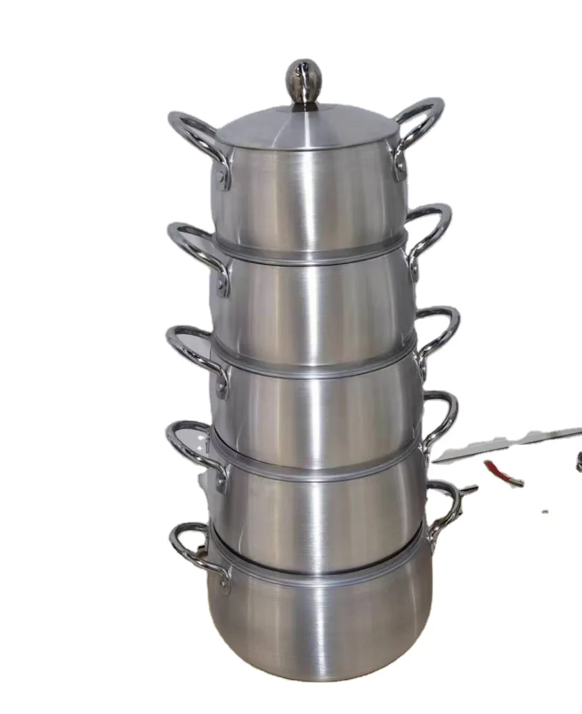 Five-Piece Set of Aluminum Cookware Including a Versatile Pot