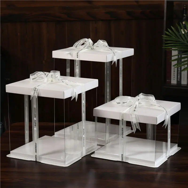 Wholesale Tall Transparent Plastic Cake Box Clear Cake Packaging Box Square Wedding Pop Baking Box for Cake Shop