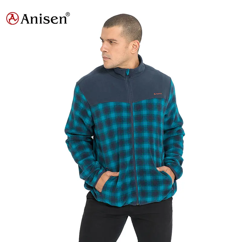 2021 chinese supplier winter warm polar fleece plaid jacket mens blue and black plaid stand collar custom fleece shirt jacket
