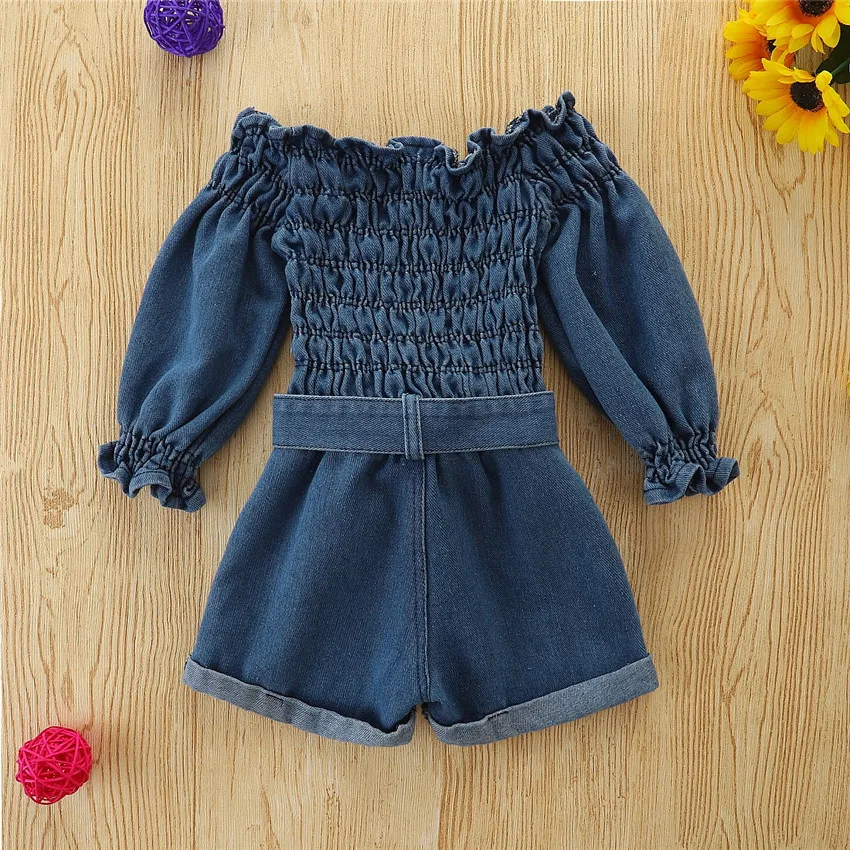 New Summer Girls One-shoulder Tight Denim Jumpsuit Fashion European And American Long-sleeve Jumpsuit Shorts