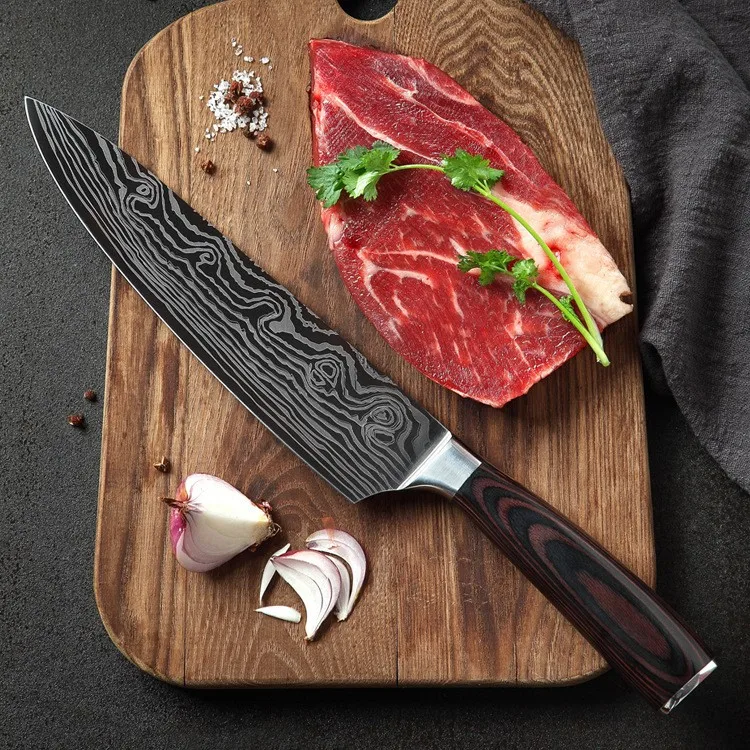 High-quality Stainless Steel Damascus Grain Color Wood Handle Kitchen Knife Set