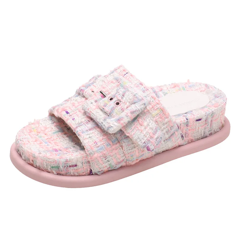 2024 Pantoufles Summer Colorful Lady Ins Retro Lady Metal Buckle Home Slippers Platform Fluffy Fur Slide Slippers For Women