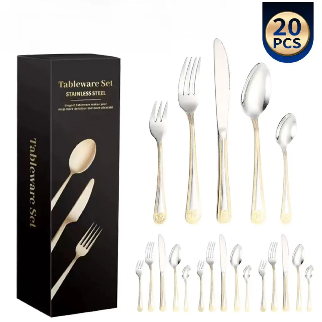 Экологически чистый высококачественный полированный объемный роскошный золотой набор из нержавеющей стали титановый столовых приборов с индивидуальным логотипом для свадебной тарелки